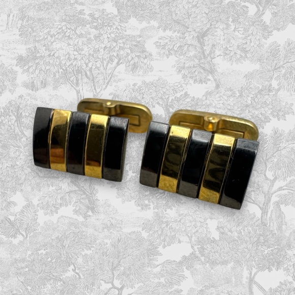 Givenchy Vintage Classic Two tone Gold Gunmetal Striped Cufflinks - Picture 7 of 9